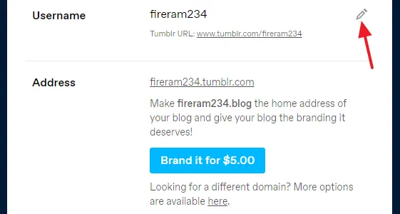 Click on the Edit icon to change the Tumblr username.