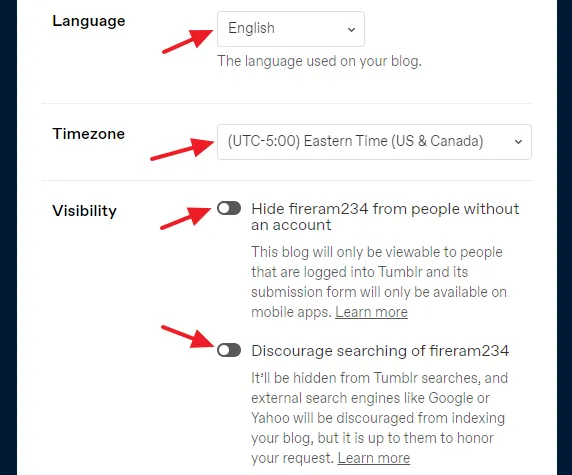 Language, Timezone, and Visibility options on Tumblr