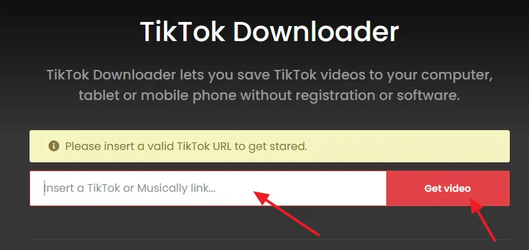 Open the TTDownloader website. Paste the TikTok video link in the Insert a TikTok or Musically link... field. Click on the Get video button.