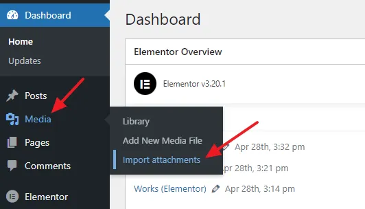 Now go to Media from the Sidebar and click on the Import attachments. 