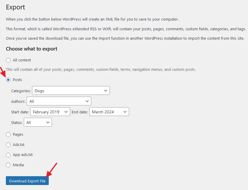Select Posts option and select Category, Authors, Date Range, and Status. Click on the Download Export File button.  