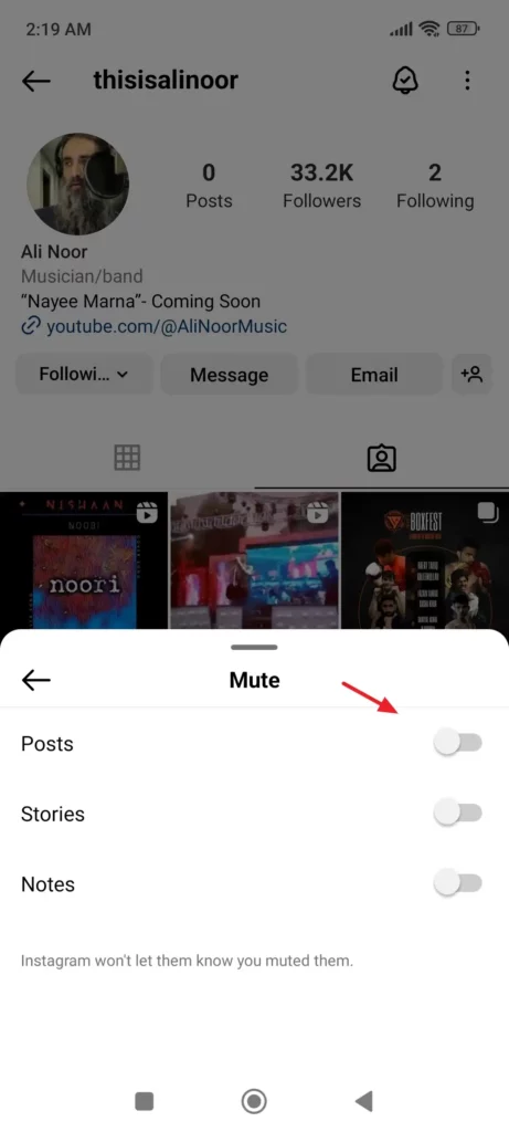 Mute feature provides three options i.e. Mute Posts, Mute Stories, and Mute Notes. Drag the slider towards your right to mute.