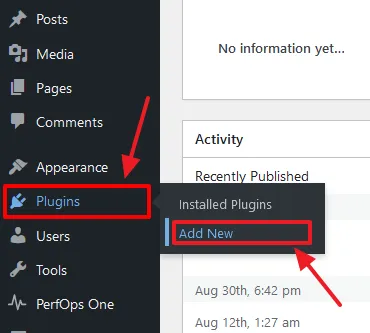 Go to Plugins from the sidebar. Click on the Add New. Go to Plugins from the sidebar. Click on the Add New.
