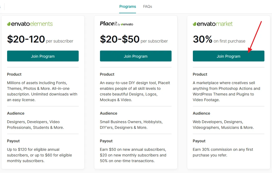 Envato offers 3 programs i.e. Envato Elements, Placeit by Envato, and Envato Market.  Click on the Join Program button of Envato Market.