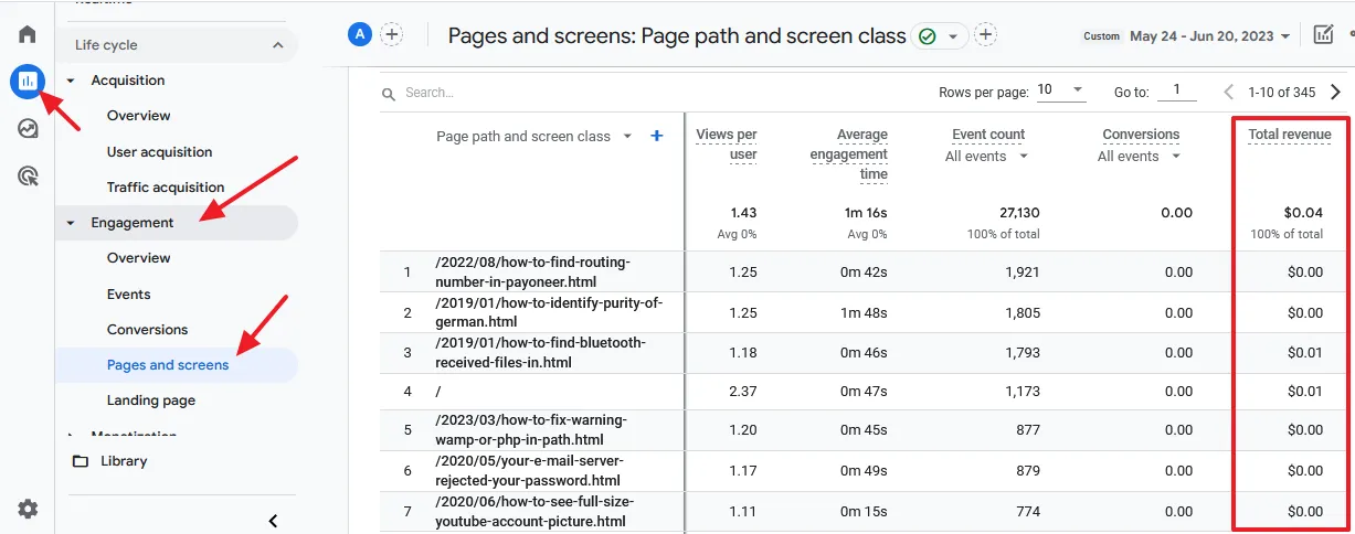 Go to Reports. Click on the Engagement. Click on the Pages and screens.