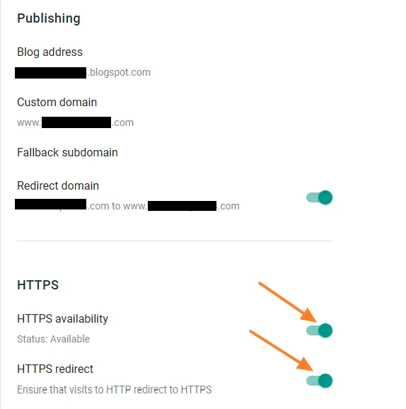 Scroll-down to HTTPS section and enable the HTTPS availability and HTTPS redirect.