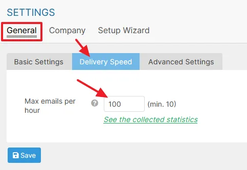 Click on the Delivery Speed tab. In the Max emails per hour you can set the delivery speed of your newsletters per hour.