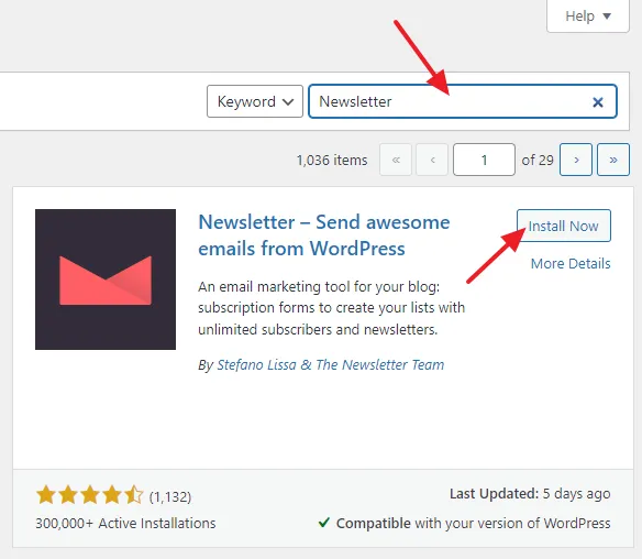 Enter the Newsletter in the search box. . Click on the Install Now button.