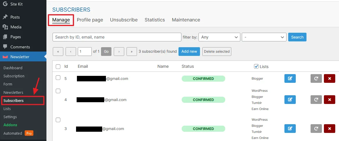 Newsletter Subscribers Settings.