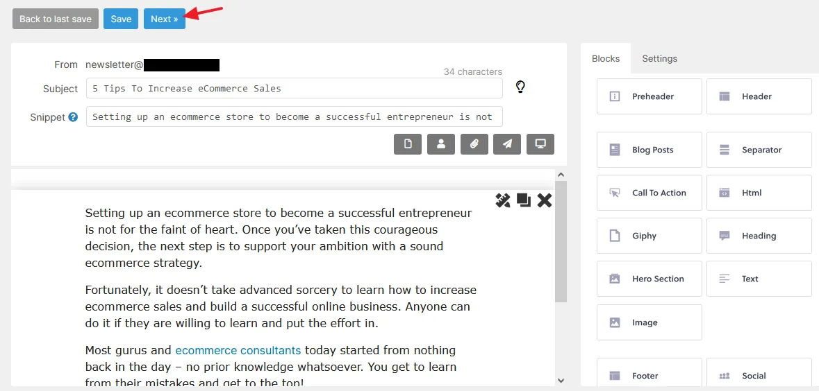 Newsletter Composer where you can create and edit newsletters.