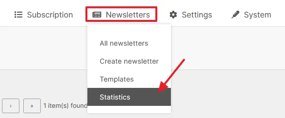 To check the Statistics of your newsletters go to Newsletters tab located at top bar and click on the Statistics