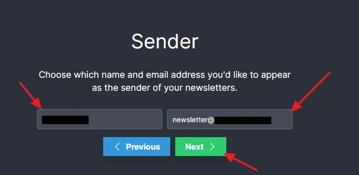 Enter Name and Email Address that you would like to appear as the sender of your newsletters. Click on the Next button.