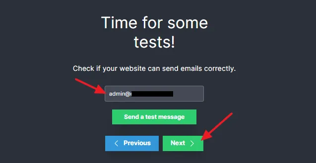 Enter an email address and click on the Send a test message button. Click on the Next button.