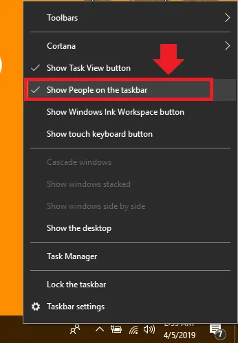 You can see that Show People on the taskbar is checked (ticked) means it is enabled. Click on it to hide.