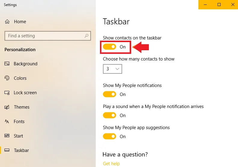 Scroll down and turn off the Show contacts on the taskbar.