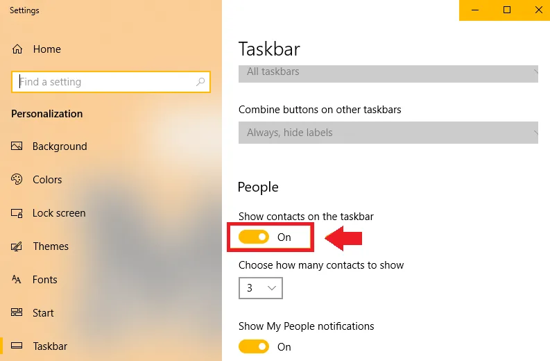 Scroll down and Turn off the Show contacts on the taskbar.