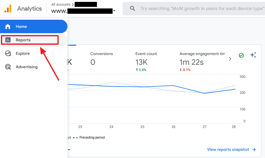 Open Reports Go to your Google Analytics 4 account. Click on the Reports from the sidebar.
