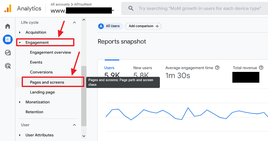 Click on the Engagement. Click on the Page and screens report. Click on the Engagement. Click on the Page and screens report.