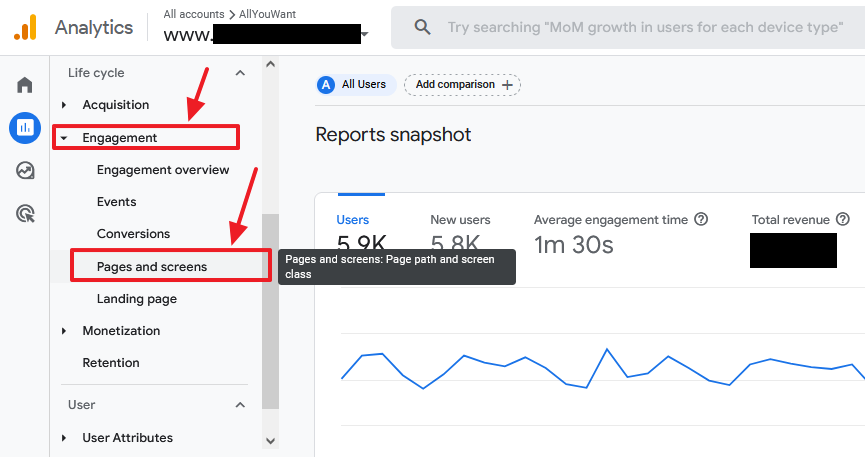 Click on the Engagement. Click on the Page and screens report.