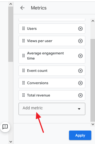 Click on the Add metric dropdownlist. Click on the Add metric dropdownlist.