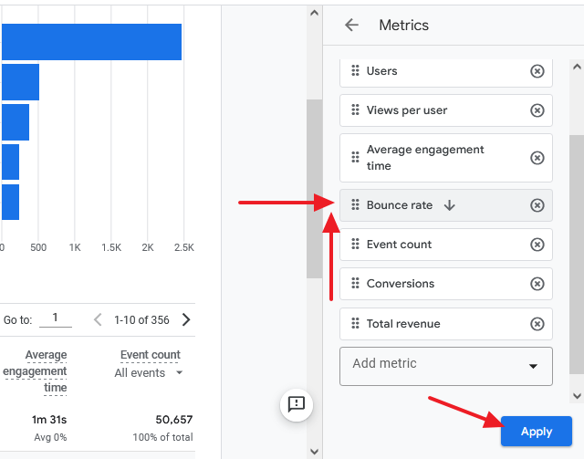 The Bounce rate is added to the Metrics list for Pages and screens report. Click on the Apply button.