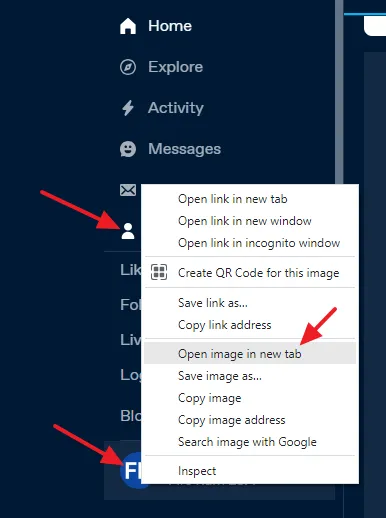 Click on the Account to expand the sub options. Right click on your Tumblr Profile Photo (favicon image) and click on the Open image in new tab.