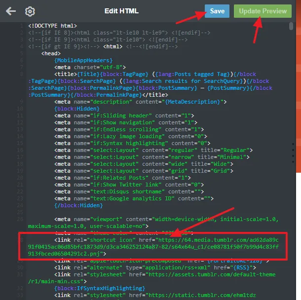 You can see that the {Favicon} is replaced with the favicon image URL. Click on the Update Preview button and then click on the Save button.