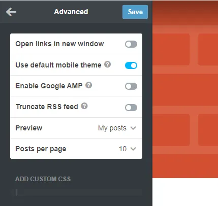 The Advanced Options allow you to enable/disable some features, set posts limit per page, and add CSS custom code.