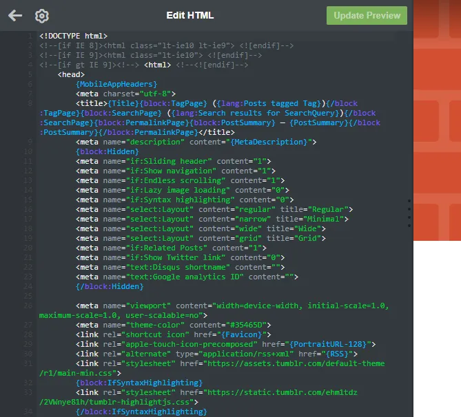 This is how the HTML code of a Tumblr theme looks like.