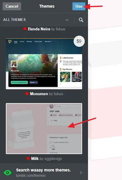 I have selected a free Tumblr theme Milk. Click on the Use button.