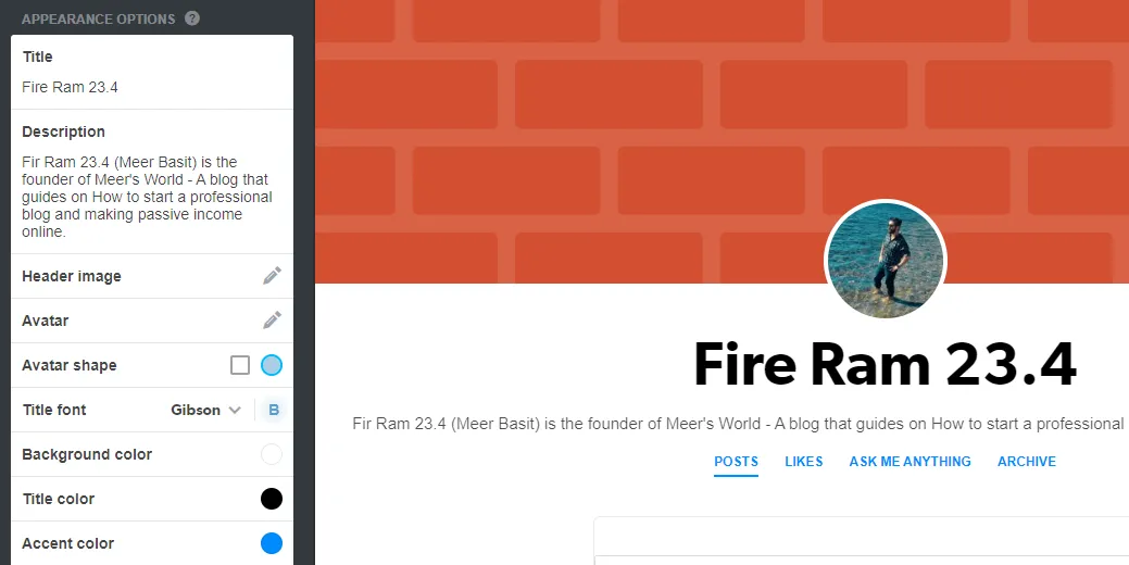 Customize Appearance Options title, description, header image, avatar, title font, background color, accent color, etc.