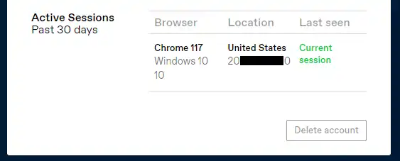 The Active Sessions provide information about the Browser through which you browse/use Tumblr, Location (Country Name and IP Address), and Last seen. To delete your account click on the Delete account button.   