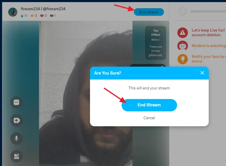 To end your live stream click on the End stream button.