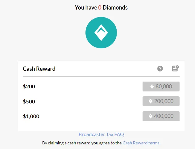 The minimum cash reward that you can redeem or claim is $200 USD. Four Hundred (400) Diamonds worth $1 USD.
