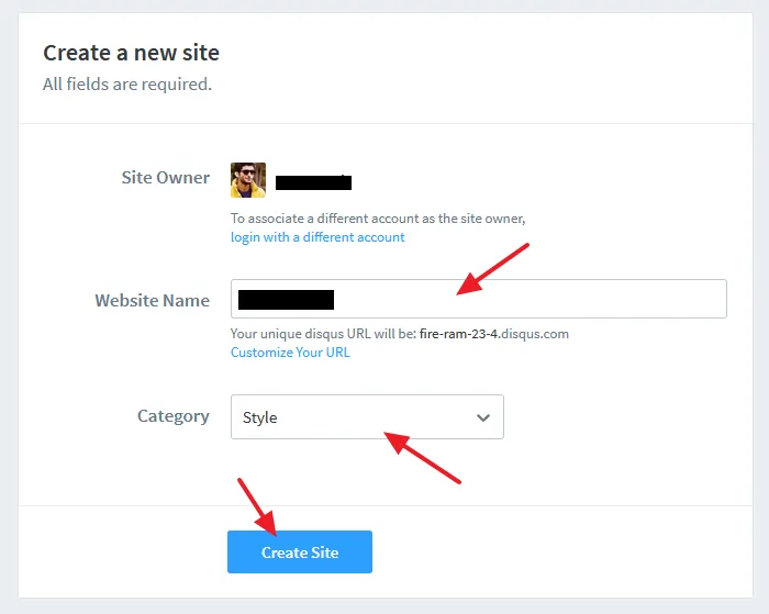 Enter your Website Name. Choose the Category. Click on the Create Site button.