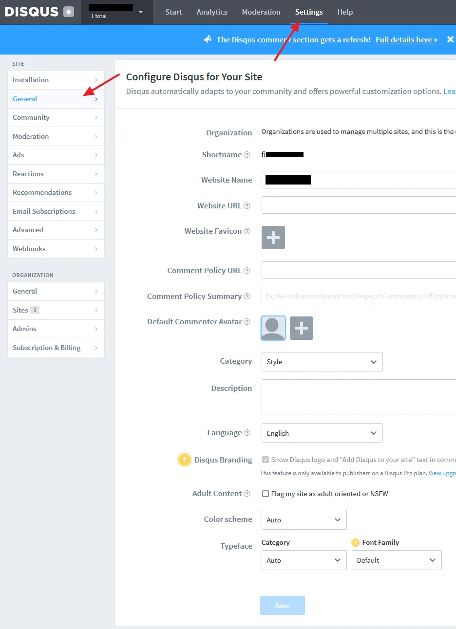 On your Disqus Dashboard, click on the Settings tab. Click on the General tab from the sidebar. You can find your Shortname on top of the page, just below the Organization.
