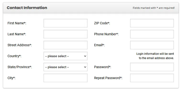 Fill the Contact Information like first name, last name, Zip code, Street address, Phone number, country, province, city, email, and password.