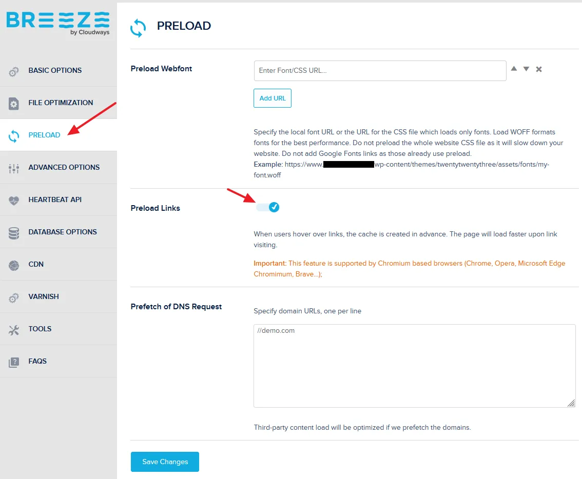 Preload Feature on Breeze Cache Plugin to optimize the content load