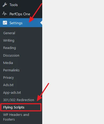 Go to Settings from the sidebar. Click on the Flying Scripts. Go to Settings from the sidebar. Click on the Flying Scripts.