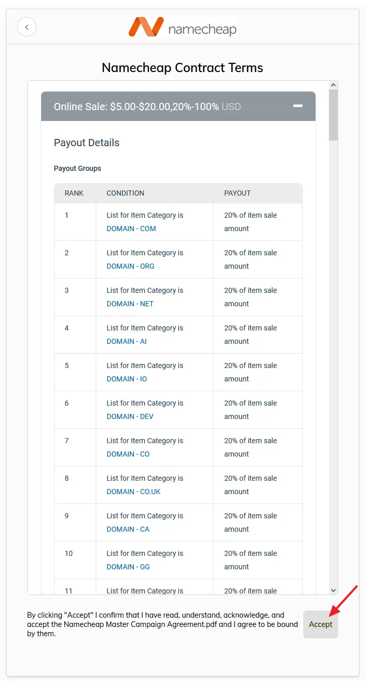 Click on the Accept button to accept the Namecheap Contract Terms.
