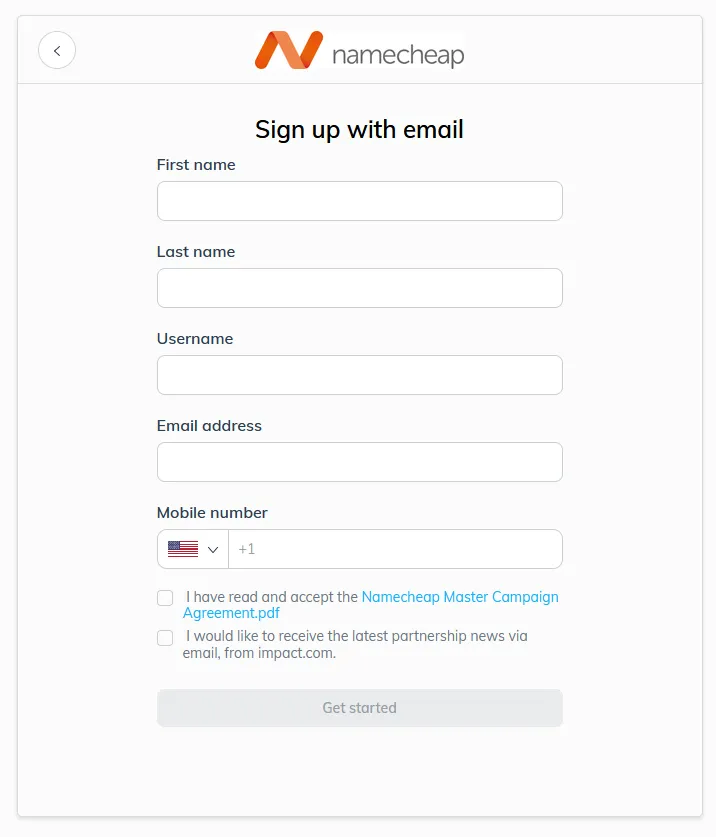 Sign Up with email to Namecheap affiliate program on Impact Radius network.