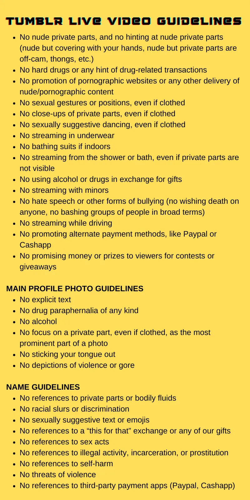 Tumblr Live Streaming Guidelines. The guidelines include Content Guidelines, Main Profile Guidelines, and Name Guidelines.