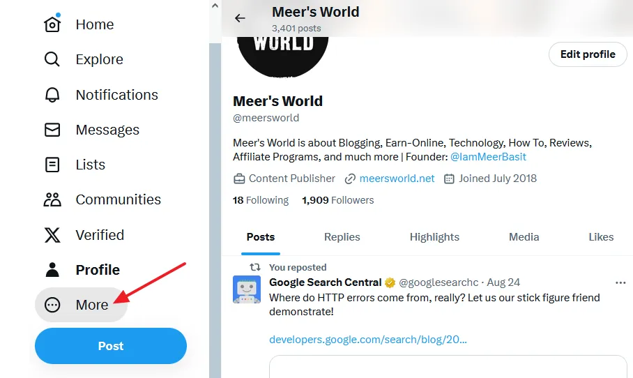 Open your Twitter Profile and click on the More, located at sidebar