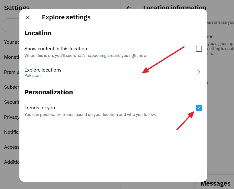 To set the Trends near your location or country tick on the "Show content in this location". To choose a specific region or country click on the "Explore locations" and choose your location.