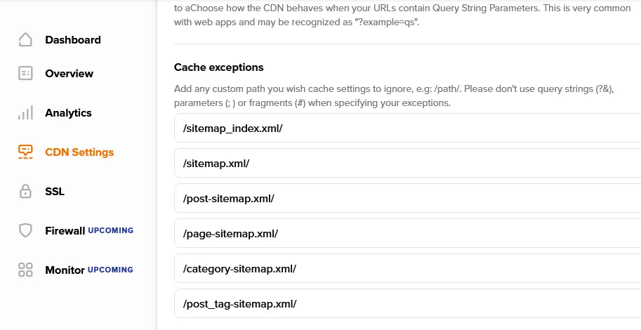 The paths of XML sitemaps in the Namecheap SuperSonic CDN Cache Exception settings.