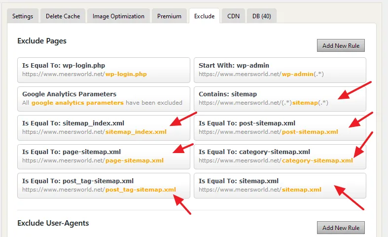 Excluded sitemap URLs generated by Yoast plugin in WP Fastest Cache plugin