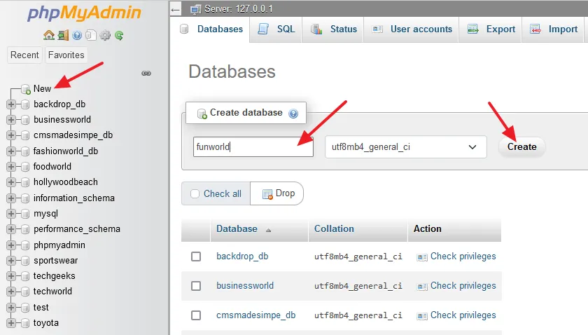 Click on the New to create a new database. Under the Create database section enter a database name relevant to your site. Click on the Create button.