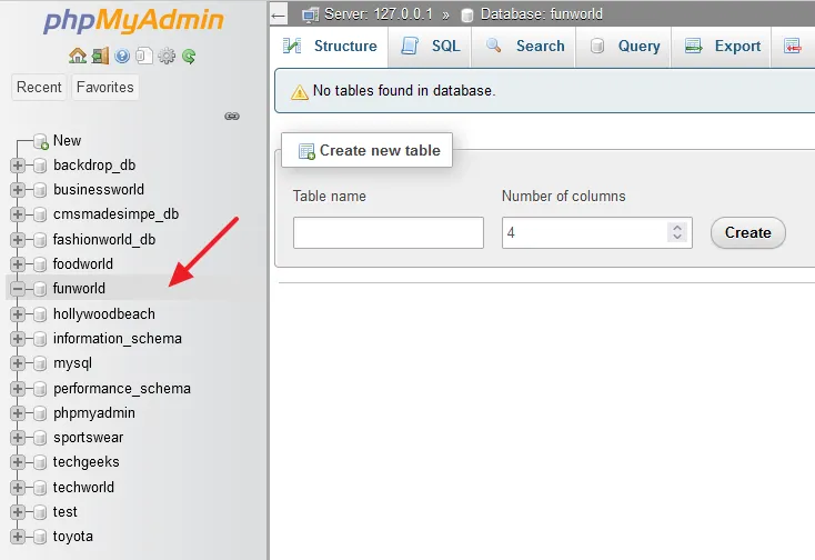 The database has been created on phpMyAdmin for Concrete CMS. 
