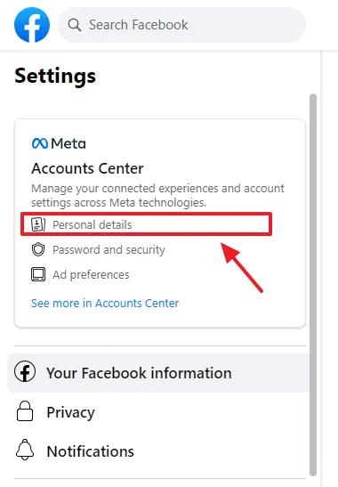 Under the Meta Accounts Center click on the Personal details.