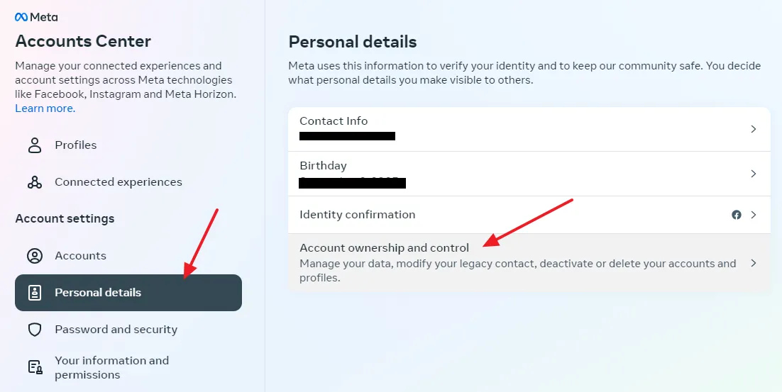 Under the Account settings click on the Personal details. Click on the Account ownership and control.